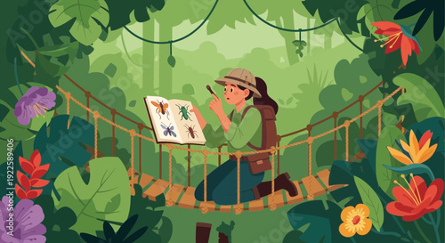 Young female explorer observing insects in a lush jungle environment.