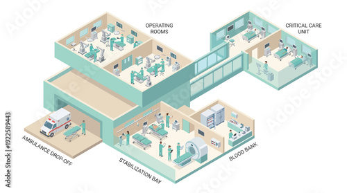 Isometric Hospital Interior Layout with Operating Rooms, ICU, and MRI Scanner. Professional Healthcare Infographic featuring Medical Staff and Emergency Services in Teal and Beige.