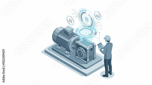 Isometric Smart Factory Industrial Motor Maintenance with Engineer using Tablet for Digital Twin Monitoring and IoT Data Analysis, Blue Technical Illustration on White Background