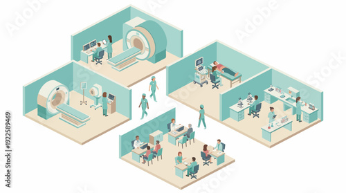 Isometric Hospital Interior Vector with Medical Diagnostics Laboratory and Patient Care Rooms, Professional Healthcare Infrastructure and Clinical Technology Concept Illustration