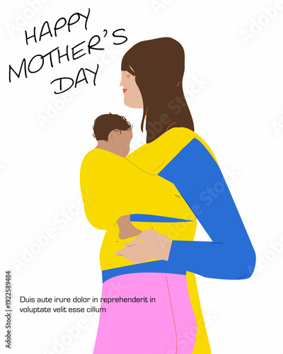 Modern Mother’s Day card featuring a confident mother carrying her baby in a sling wrap. Warm, tender atmosphere with soft light and copy space for text. Perfect for greeting cards, parenting campaign