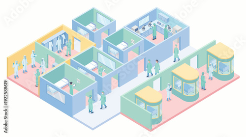 Isometric Hospital Interior Layout with Doctors and Medical Staff in PPE, Healthcare Research Laboratory and Patient Care Units, Pastel Vector Illustration for Infographics