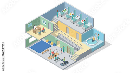 Isometric Medical Rehabilitation Center Interior with Physical Therapy Clinic, Patient Ward, and Hydrotherapy Pool for Healthcare Infographics and Hospital Management