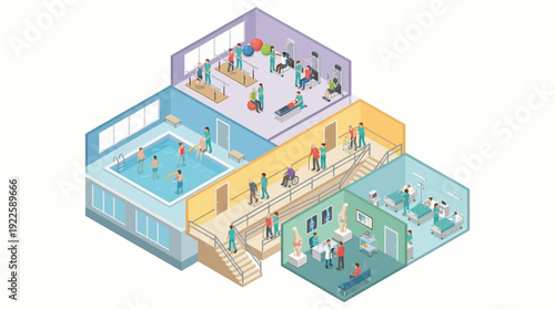 Isometric Medical Rehabilitation Center Interior with Physical Therapy Gym, Hydrotherapy Pool, Hospital Ward, and Orthopedic Clinic for Senior Care and Patient Recovery Services