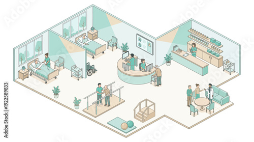 Isometric Hospital Interior and Rehabilitation Center Illustration with Medical Staff Caring for Senior Patients, Modern Healthcare Facility Floor Plan in Pastel Colors for Marketing