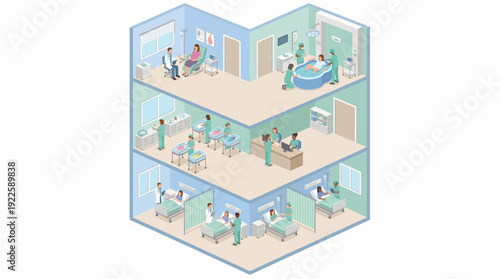 Isometric Maternity Hospital Clinic Interior with Water Birth Room, Neonatal Nursery, and Patient Recovery Ward. Professional Pastel Healthcare Infrastructure and Medical Services Illustration.