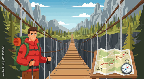 Male Hiker with Backpack and Trekking Poles.