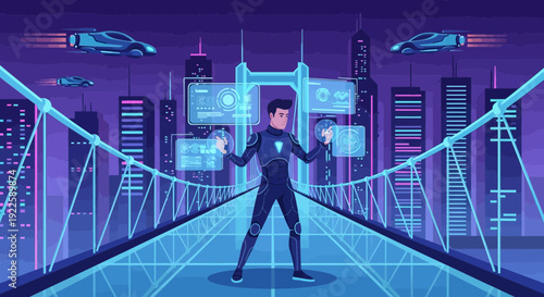 Man in futuristic suit interacting with holographic interfaces.