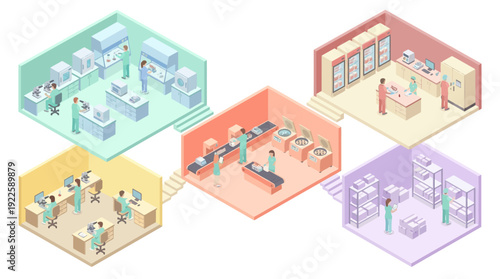 Isometric Pharmaceutical Laboratory and Biotech Manufacturing Facility Illustration with Scientists Working in Research, Production, and Logistics Departments