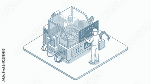 Isometric Smart Factory Illustration of a Technician Operating an Automated Laboratory Machine with Robotic Arms and Digital Interface for Industrial Manufacturing and Biotech Research