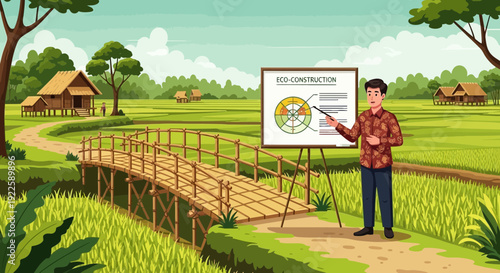 Man presenting agricultural diagram in rural setting.
