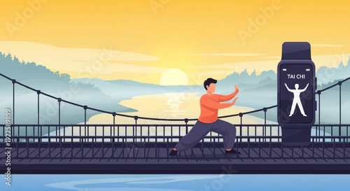 Man practicing Tai Chi outdoors with a large fitness tracker.