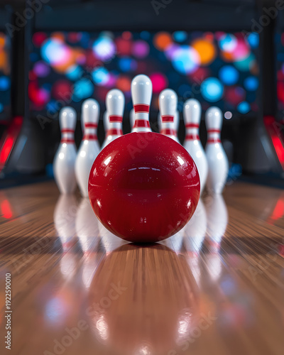 Close-up of a shiny red bowling ball on a polished wooden lane