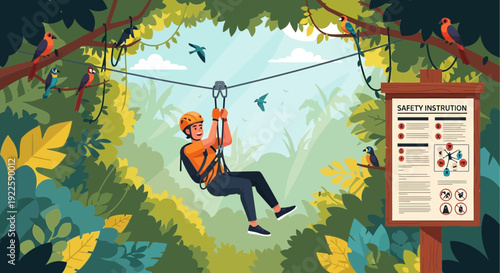 Person ziplining through a lush green jungle adventure park.
