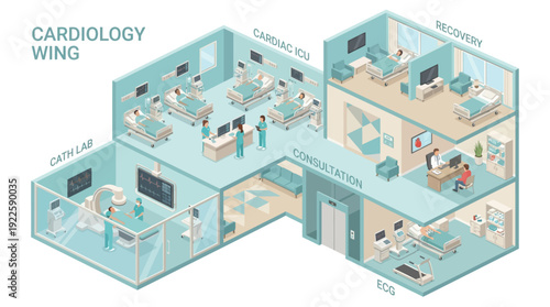 Isometric Cardiology Wing Hospital Floor Plan with Cardiac ICU, Cath Lab, and Patient Recovery Rooms. Professional Medical Facility Illustration for Healthcare Infographics and Design.