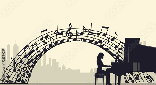 Silhouette of a woman playing grand piano with musical notes.