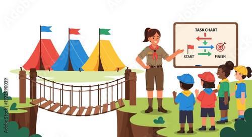 Scout leader teaching children about task management and outdoor skills.