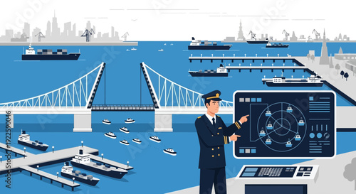 Ship Captain Monitoring Maritime Traffic on Advanced Control Panel.