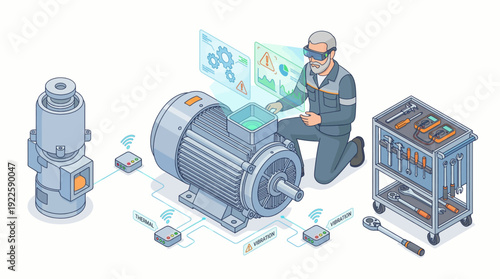 Isometric Technician Using AR Glasses for Industrial Motor Inspection and IoT Sensor Maintenance, Smart Factory Industry 4.0 Engineering, Digital Twin Predictive Repair Technology Illustration