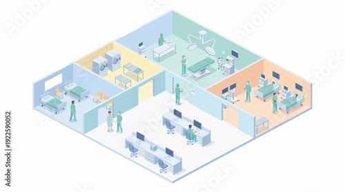 Isometric Hospital Interior Floor Plan with Operating Room, Patient Ward and Nursing Station. 3D Vector Illustration of Medical Clinic Facility with Doctors, Nurses and Surgery Equipment.