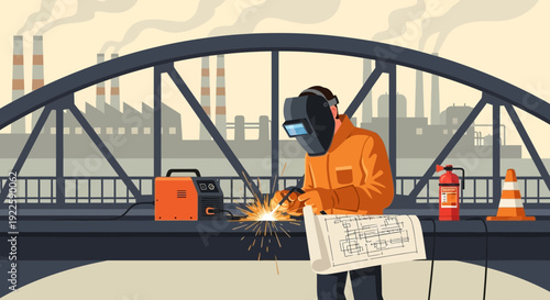 Skilled welder working on a metal structure with protective gear.