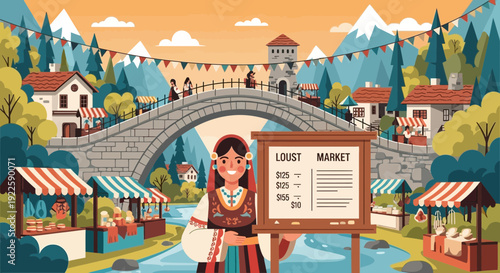 Smiling Woman in Traditional Attire Holding Local Market Sign.