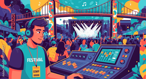 Sound Engineer Operating Mixing Console at Outdoor Music Festival.