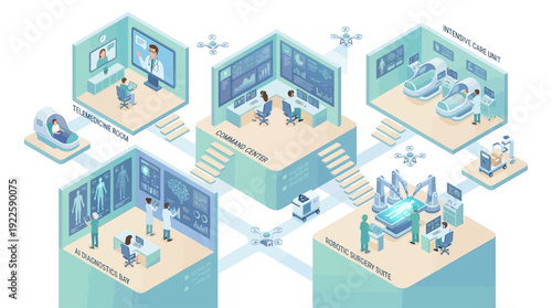 Isometric Smart Hospital Illustration with Robotic Surgery, AI Diagnostics, and Telemedicine Rooms. Futuristic Medical Technology and Digital Healthcare Center Concept in Teal Vector Style.