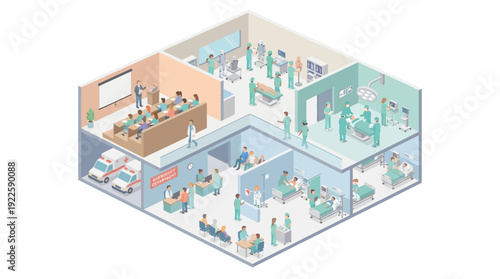 Isometric Hospital Interior View with Medical Staff, Surgery Room, Patient Ward, Emergency Department, and Medical School Classroom Illustration for Healthcare Management Infographics