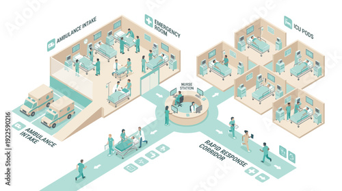 Isometric Hospital Emergency Room Floor Plan with Doctors Nurses and Patients in ICU Pods and Ambulance Intake, Healthcare Workflow Infographic for Medical Management and Training