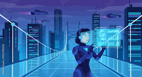 Woman interacting with futuristic holographic interface.