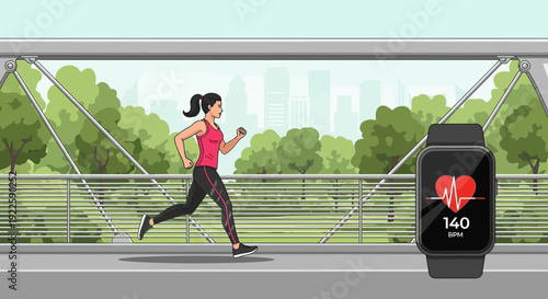 Woman running with a smartwatch displaying heart rate illustrating fitness tracking and healthy lifestyle.
