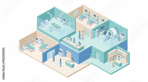 Isometric Hospital Interior Layout with Operating Room, MRI Scanner, Pharmacy and Medical Staff, Healthcare Facility Design Vector for Business Presentations and Infographics
