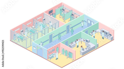 Isometric Medical Center Interior with Professional Doctors and Lab Technicians Working in Patient Wards and Research Laboratory. Modern Healthcare Facility Illustration for Infographics.