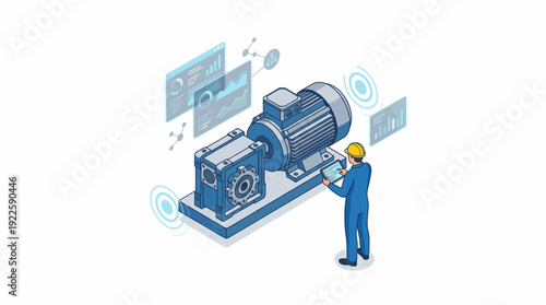 Isometric Industrial Electric Motor and Engineer with Tablet Monitoring Digital Data. Smart Factory Automation, Industry 4.0 Predictive Maintenance, and IoT Technology Vector Illustration.