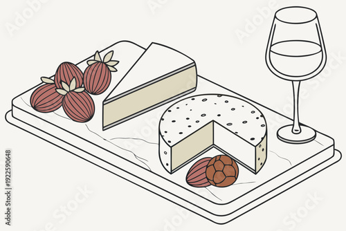 An artfully arranged selection of artisanal cheeses and nuts on a marble serving board with a glass of wine