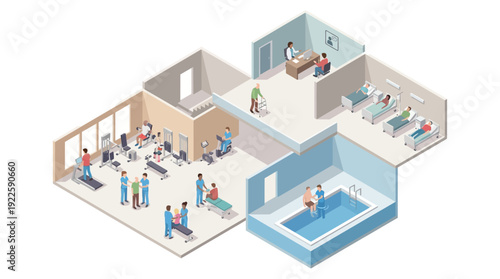 Isometric Healthcare Center Interior for Physical Therapy and Medical Rehabilitation featuring Gym, Hospital Ward, and Hydrotherapy Pool for Patient Recovery Services