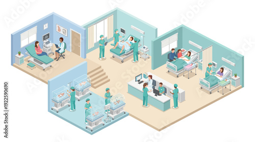 Isometric Maternity Hospital Ward Illustration with Delivery Room, Neonatal NICU, and Prenatal Care. Professional Medical Staff Assisting Mothers and Newborn Infants in Clinic Setting.