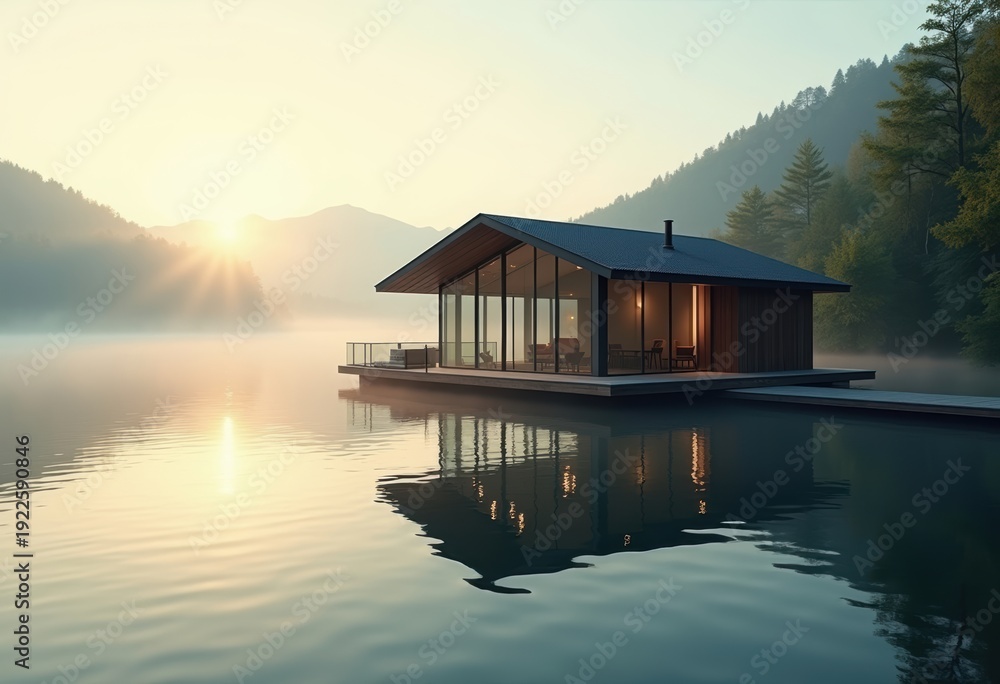 Obraz premium Enchanting Boathouse Nestled on Serene Lake at Dawn Ethereal Mist Reflections and Calm Waters