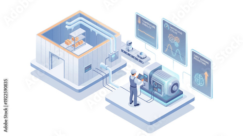Smart Factory Isometric Illustration of Industrial IoT Monitoring, Predictive Maintenance with Data Analytics, Automated Warehouse Cold Storage and Robotics, Industry 4.0 Digital Transformation