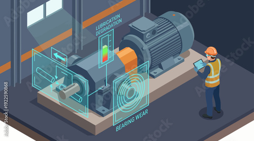 Isometric Industrial Engineer Monitoring Electric Motor with Digital Twin HUD for Predictive Maintenance, Industry 4.0 Smart Factory Technology and Augmented Reality Diagnostics
