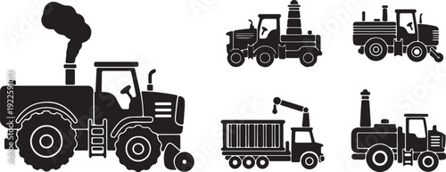 A black and white vector silhouette of a heavy duty industrial front loader tractor dumping a load of sand on a white background.