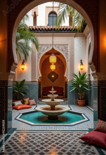 Wallpaper Mural Exquisite Moroccan Riad Enclosed Oasis Featuring Elaborate Tile Work and Stunning Inner Fountain Torontodigital.ca