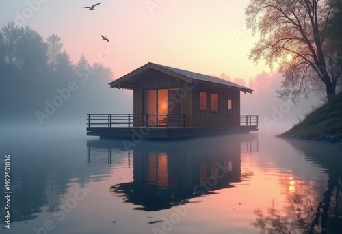 Wallpaper Mural Floating Boathouse on Calm Lake at Sunrise with Soft Reflection and Gentle Mist Torontodigital.ca