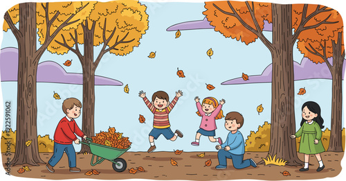 autumn children illustration, kids playing leaves, fall season park scene, happy childhood outdoor activity, colorful cartoon vector landscape design artwork