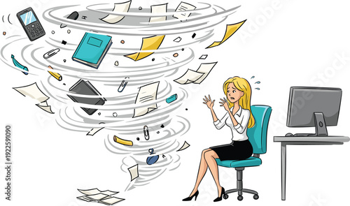 businesswoman stressed by office chaos tornado, paperwork storm concept illustration, workplace pressure cartoon flat vector isolated business crisis situation design