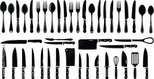 kitchen cutlery silhouette set, knives forks spoons and cooking tools collection, flat vector illustration isolated culinary utensil design elements