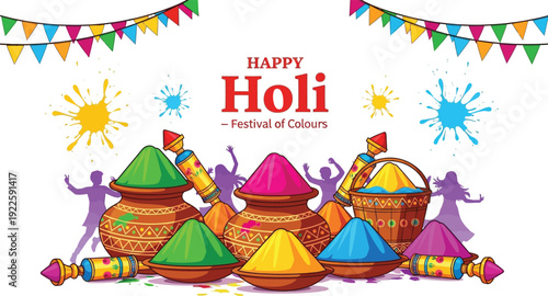 Happy Holi Festival India Graphic – Gulal Powders, Pichkaris, Baskets, Dancing Silhouettes, and Festive Flags
