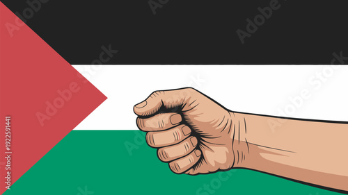 A clenched fist in front of the Palestinian flag, symbolizing solidarity and resistance