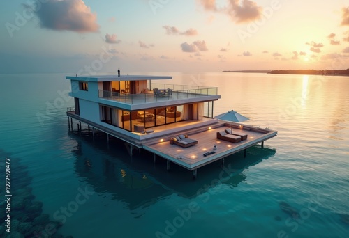 Wallpaper Mural Luxurious Floating House on Stilts Over Serene Crystal Clear Lagoon Torontodigital.ca